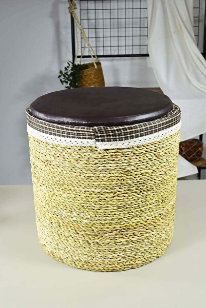 SepetçiBaba Hasır Tekli Puf Yuvarlak Krem