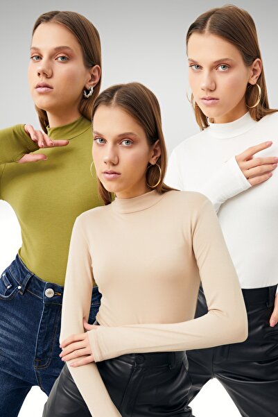 Ladima Kadın Yağ Yeşili Beyaz Krem Parmak Detay Body 3'lü Paket