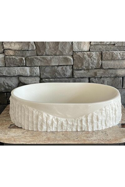 Polen Stone Beyaz Mermer Oval Doğal Patlatma Modelli Lavabo 55x40