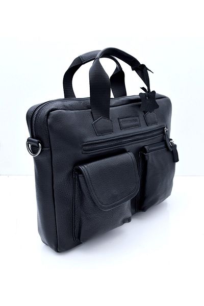 Veskemann Pinto Black Genuine Leather Strap Briefcase Laptop Bag