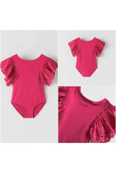 Pink Hippo Kids Girl's Snap-on Bodysuit with Lace Sleeves