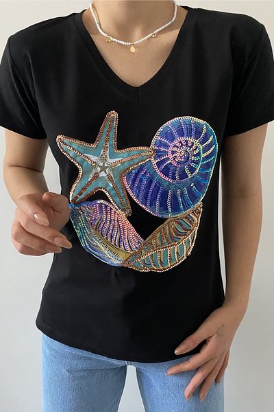 FEMELLE Tricou negru pentru femei, cu decolteu în V, cu design brodat cu paiete