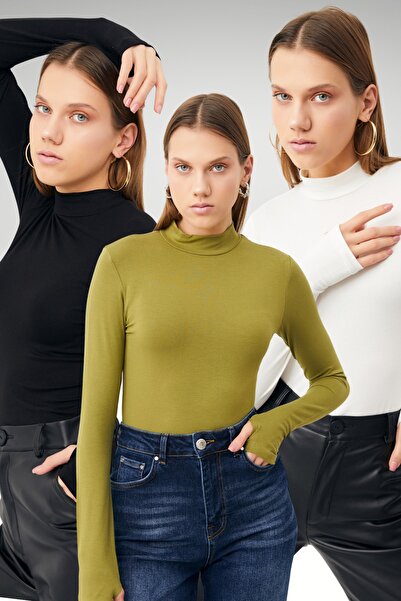 Ladima جسم نسائي مكون من 3 قطع بتفاصيل أصابع زيتية باللون الأبيض والأسود والأبيض