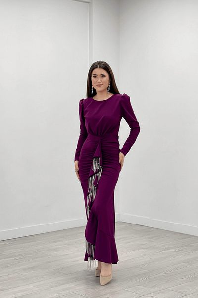 giyimmasalı Imported Crepe Fabric Stone Tassel Detailed Evening Dress - Eggplant Purple