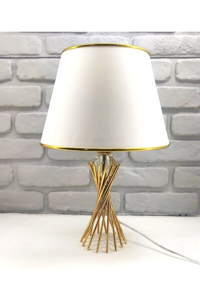 365GUNSERİSONU مصباح طاولة عاكس الضوء من الزجاج الكريستالي ذو الساق المعدنية المطلية بالذهب مع قبعة قماش مخططة بالذهب