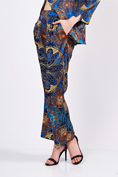 Nomads Felt Saf İpek Gömlek-Pantolon-Pijama Takımı | Mandala Desen Mavi | Nomads Felt