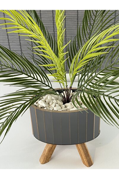 Bahçem Yapay Çiçek Palmiye Ahşap Elips Saksılı Areka Yapay Bitki Salon Çiçeği 9 Dallı 65cm