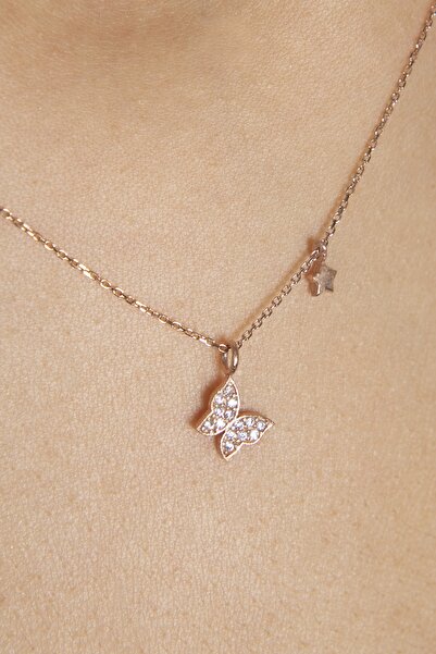 Elika Silver Kadın Yıldız Detaylı Kelebek Model 925 Ayar Gümüş Kolye