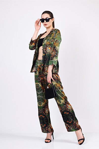 Nomads Felt Saf İpek Gömlek-Pantolon-Pijama Takımı | Mandala Desen Haki | Nom...