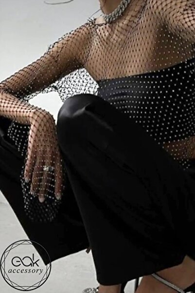 EAK ACCESSORY Crystal Rhinestone Long Sleeve Party Beach Mesh Crop Blouse Bustier