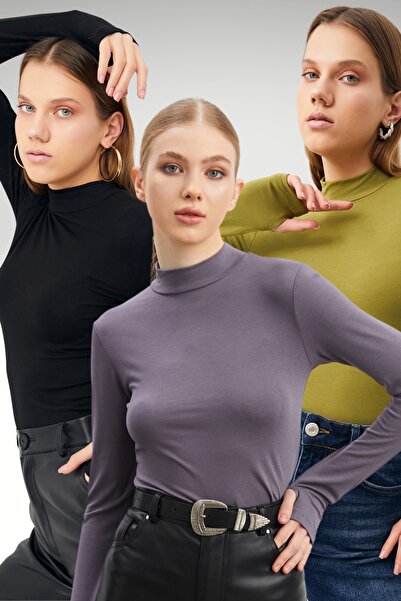 Ladima جسم نسائي مكون من 3 قطع بتفاصيل أصابع باللون الأسود والأخضر الزيتي وال...