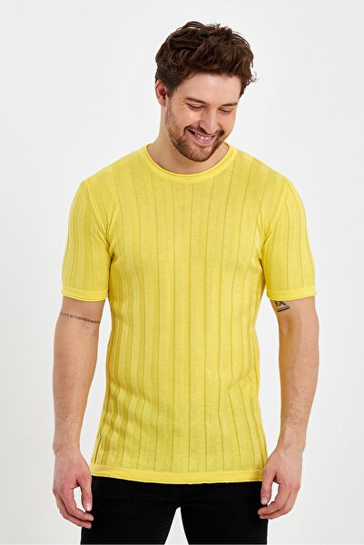 Tarz Cool Yellow Men's Round Collar Knitted T-shirt-trz10236r05l