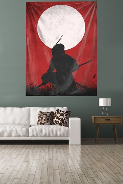 on the clouds Japanese Samurai Man with Swords Stain Resistant Velvet Fabric Wall Cloth Wall Carpet Tapestry