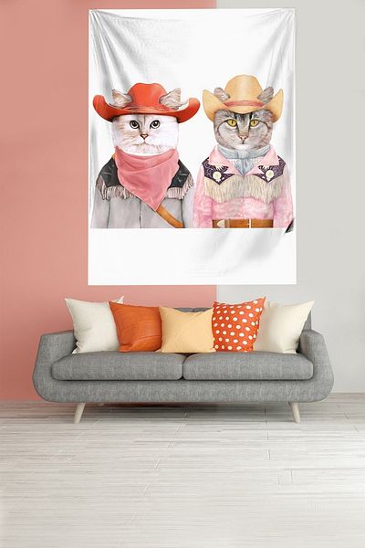 on the clouds Cowboy Cats With Cat Αδιάβροχο βελούδινο ύφασμα τοίχου Ταπετσαρία τοίχου