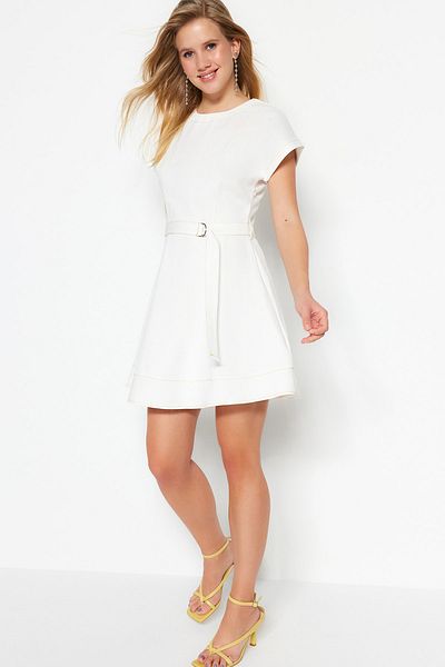 Trendyol Collection Ecru Belted Mini Lined Woven Dress TWOSS23EL01547