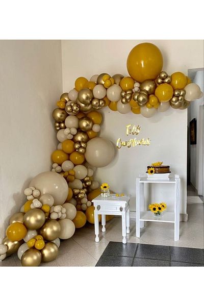 MERİ PARTİ 100 Pieces of Balloons and Balloon Chain Turmeric Sea Sand and Gold Chrome Balloon Concept Balloon