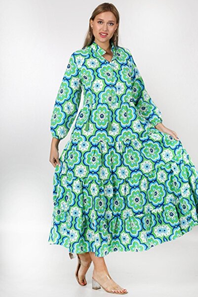 Chiccy Zelené magnetický límec s balónkovým rukávem s květinovým celoplošným potištěným širokým střihem tkané šaty