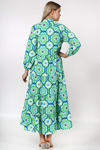 Chiccy Zelené magnetický límec s balónkovým rukávem s květinovým celoplošným potištěným širokým střihem tkané šaty