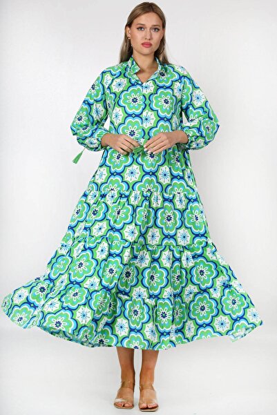 Chiccy Zelené magnetický límec s balónkovým rukávem s květinovým celoplošným potištěným širokým střihem tkané šaty