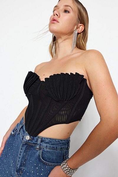 Trendyol Collection Black Crop Lined Tulle Bustier TPRSS23BS00038