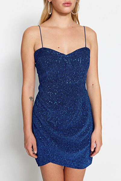 Trendyol Collection Csillogó flitteres Saks kék rövid estélyi ruha - bélelt estélyi ruha TPRSS22EL2889