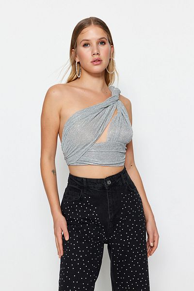 Trendyol Collection Stříbrná pletená třpytivá lemovaná blůza TPRSS23BZ00079