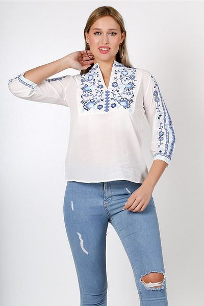 Chiccy Bluză țesută cu mâneci 3/4 cu guler brodat alb, cu guler și broderie la capătul mânecilor