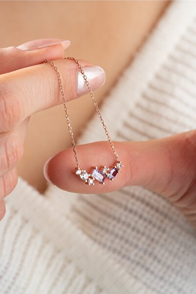 Nereze 925 Ayar Gümüş Mor Baget Taşlı Işıltılı Sade Tasarım Kolye