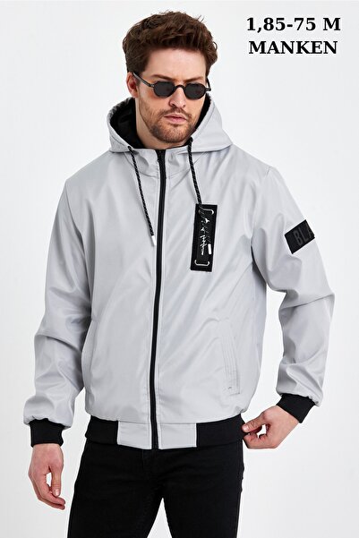 Rompasso Men's Gray Print Detail Embroidered Water Repellent Seasonal Spring Jacket Coat