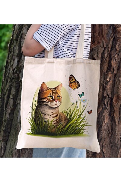 Bk Gift Cat Design Canvas Tote Printed Shoulder Bag