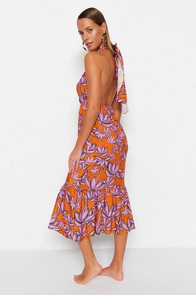 Trendyol Collection Virágmintás Midi szőtt keresztkötésű strandruha TBESS23EL00087