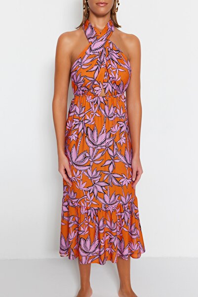 Trendyol Collection Μίντι υφαντό σταυρωτό φόρεμα παραλίας με φλοράλ στάμπα TBESS23EL00087