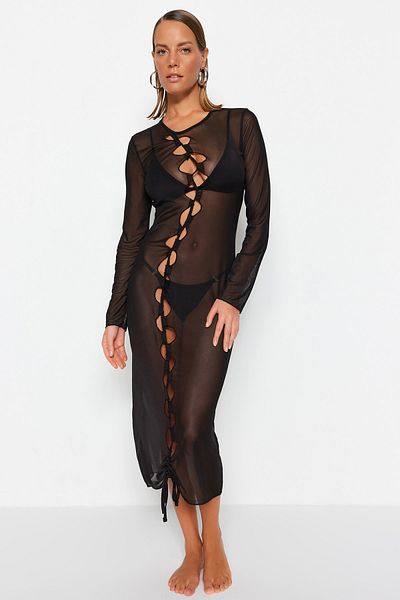 Trendyol Collection Black Fitted Midi Woven Cut Out/Window Beach Dress TBESS23EL00059