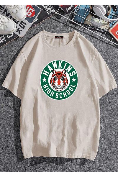 Buğraterzimoda Tricou oversize de culoare crem, cu decolteu rotund, imprimat Hawkins High School