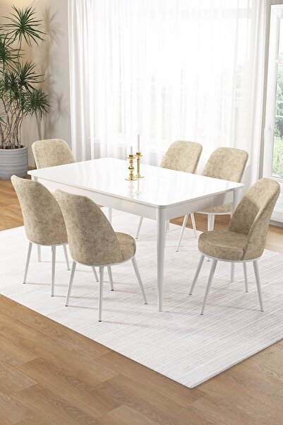Canisa Pir Serisi 80x130 Sabit Beyaz Mutfak Masa Takımı Ve 6 Krem Sandalye