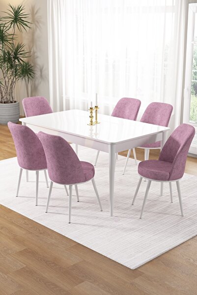 Canisa Pir Serisi 80x130 Sabit Beyaz Mutfak Masa Takımı Ve 6 Pembe Sandalye