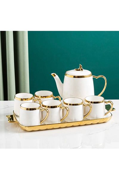 Verona White Porcelain Cup Set - 6 Persons, 8 Pieces, Teapot and Tray Gift