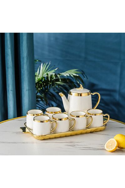 Verona White Porcelain Cup Set - 6 Persons, 8 Pieces, Teapot and Tray Gift
