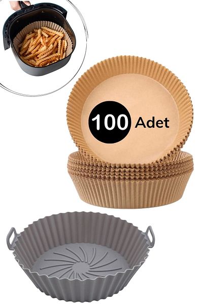 Buffer ® Silicone Airfryer Gray Baking Mat 20 Cm and 100 Pieces of Baking Paper