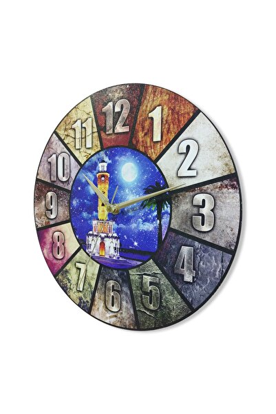 CajuArt Izmir Saat Kulesi Resimli Renkli Ahşap Duvar Saati