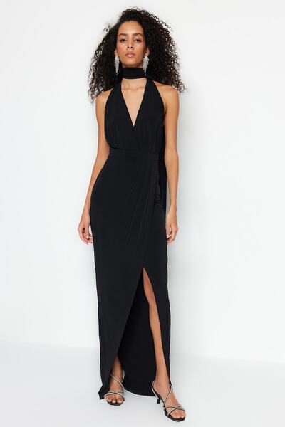 Trendyol Collection Černé pletené dlouhé večerní šaty TPRSS23AE00125