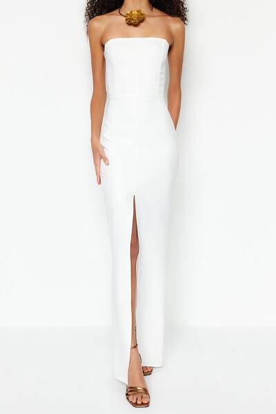 Trendyol Collection Ekrü szövésű esküvői/Nikah hosszú estélyi ruha TPRSS23AE00127