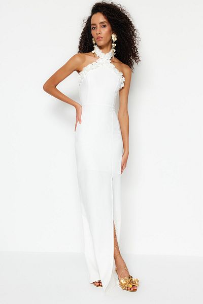 Trendyol Collection Rochie de seară lungă de mireasă/Nikah cu căptușeală ecru TPRSS23AE00098