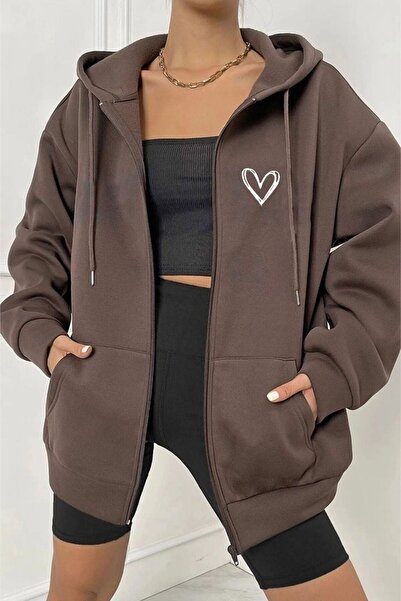 Altamira Unisex Brown Heart Printed Thin Seasonal Hooded Oversize Cardigan