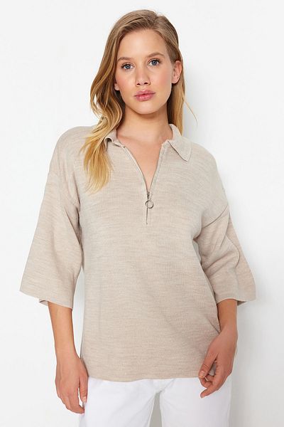 Trendyol Collection Stone Wide Fit Zippered Basic Knitwear Sweater TWOAW23BZ00000