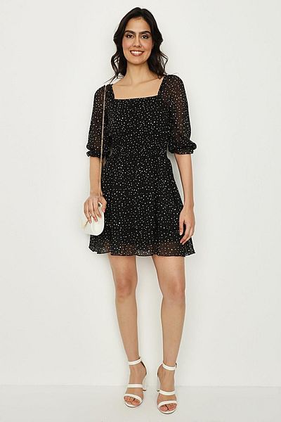 Select Moda Γυναικείο μαύρο πουά τετράγωνο γιακά Gipeli σιφόν φόρεμα