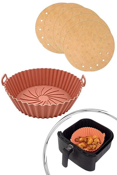 Buffer ® Silicone Airfryer Round Mink Baking Mat 20 Cm and 100 Pieces of Baking Paper