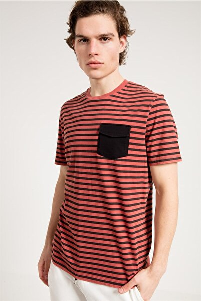 JAHR MARC Red Black Striped Short Sleeve T-shirt with Front Pocket