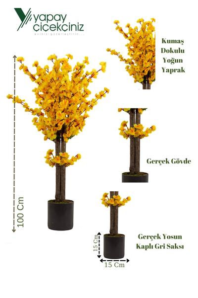 YAPAY ÇİÇEKÇİNİZ Gri Saksıda 100 Cm Sarı Bahardalı