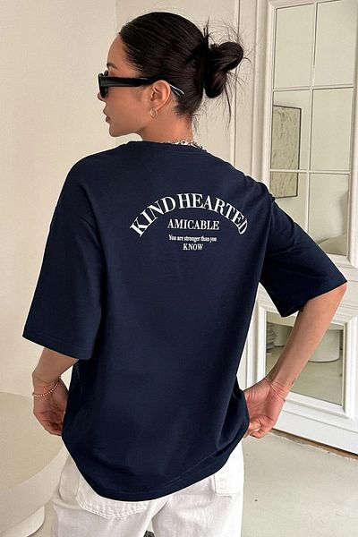 MODAGEN Μπλουζάκι Unisex Navy Blue Kind Hearted με στάμπα Oversize